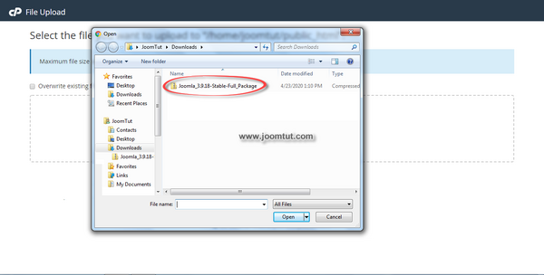 Select Joomla! installation package file then click Open to upload this file