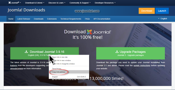 Get the link of the current version of Joomla! installation package at Joomla! download page