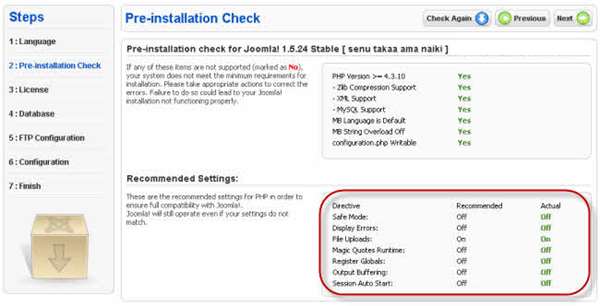PHP recommended settings for Joomla!