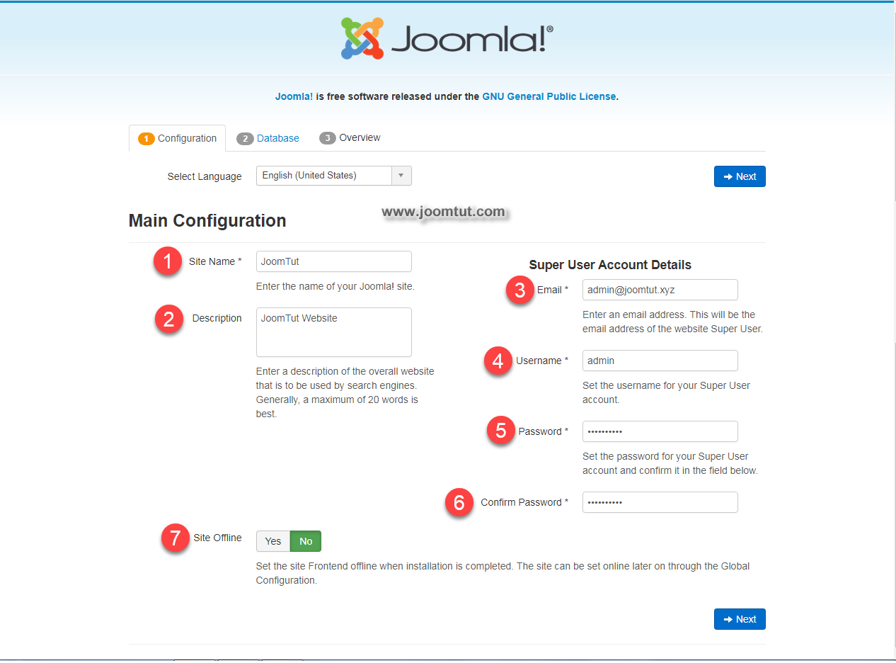 Joomla! installation Main Configuration page