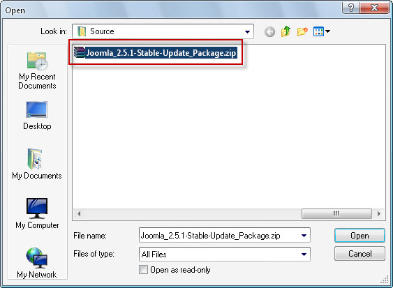 Open update package file