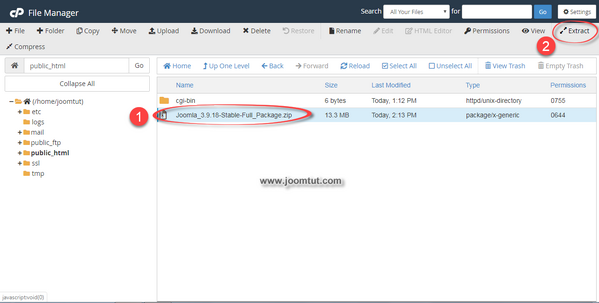 Select Joomla! installation package file then click Extract to unzip this file