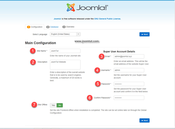 Joomla! installation Main Configuration page