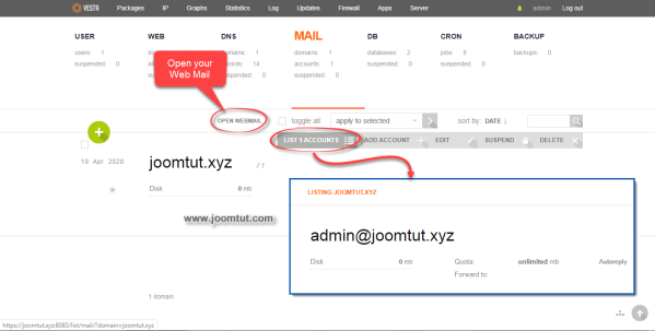 List of email accounts in the Email Accounts section